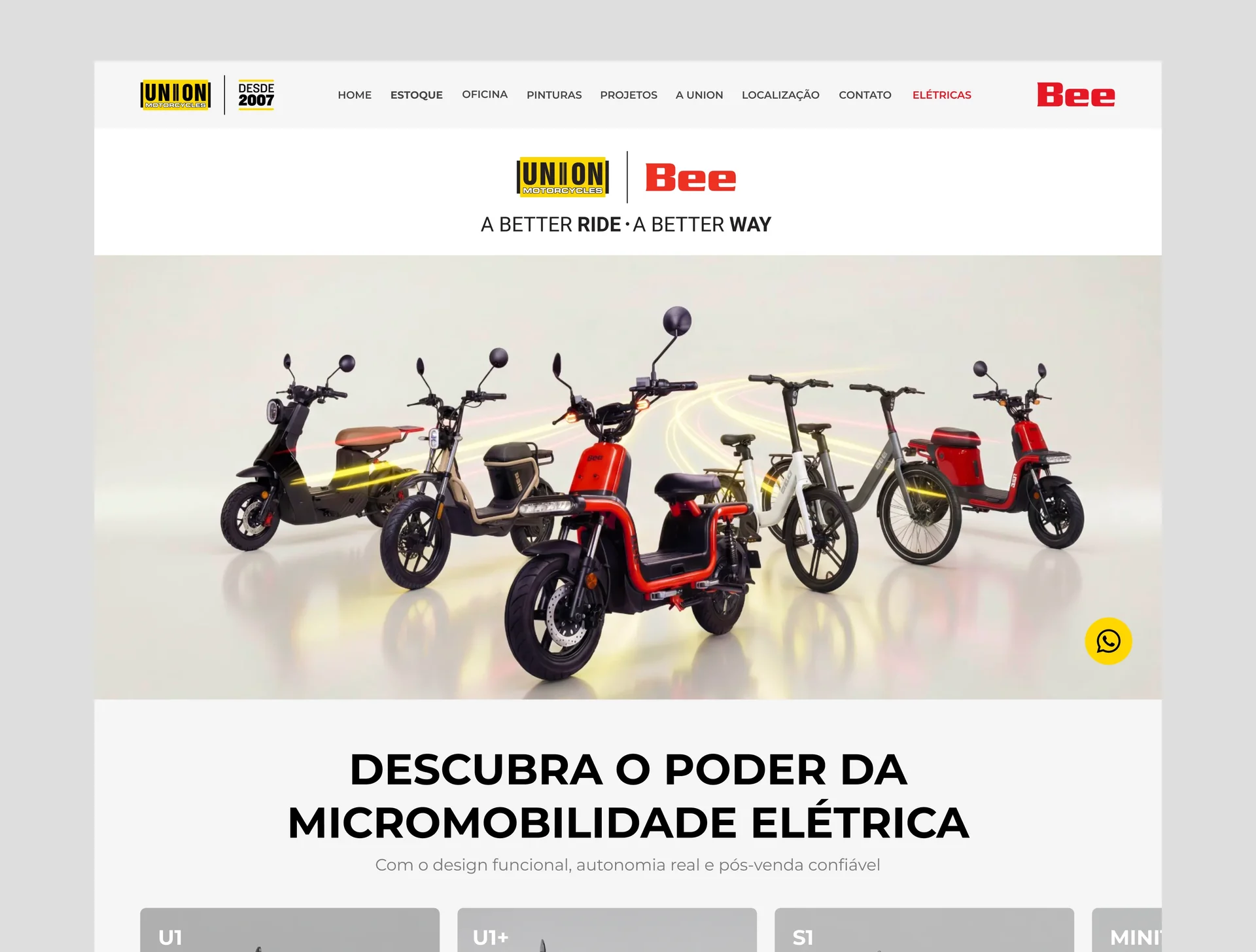 Desenvolvimento de landing page para a linha elétrica da Union Motorcycles, com foco na apresentação do lineup Bee